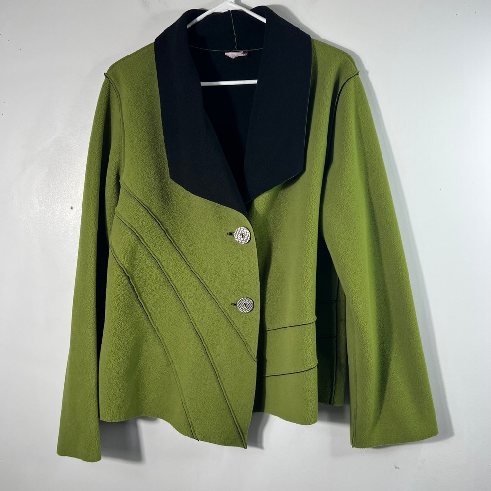 Art to Wear Jacket Green Black Fleece Shawl Collar Asymmetrical Button L/XL